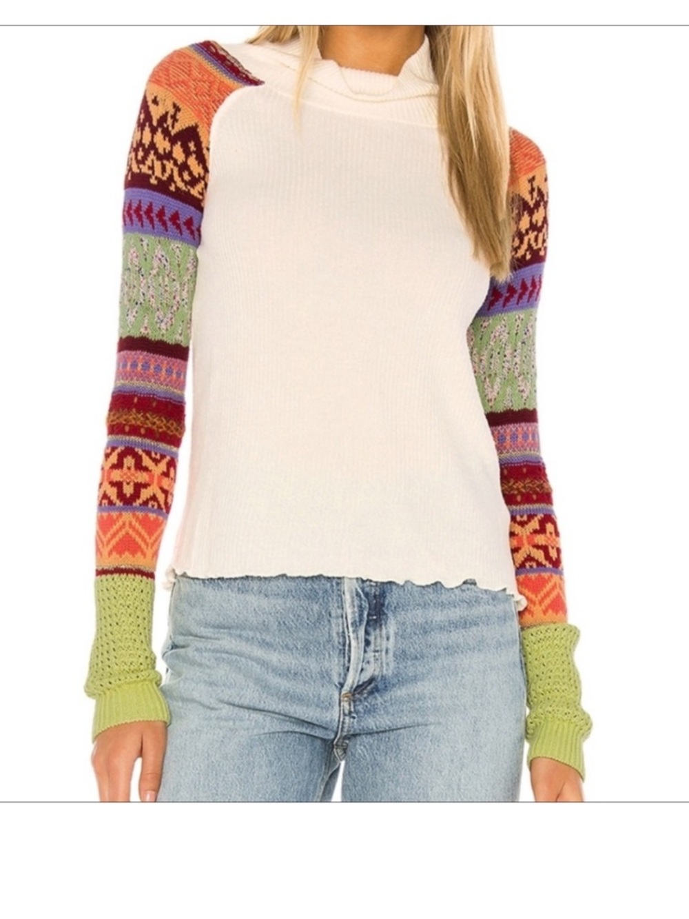 Woven-Pattern Sleeve Cowl Neck Sweater - White with Multicolor Sleeves